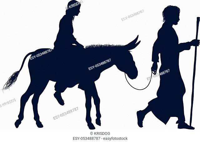 A nativity Christmas illustration of the Virgin Mary and Joseph with donkey in silhouette on their journey