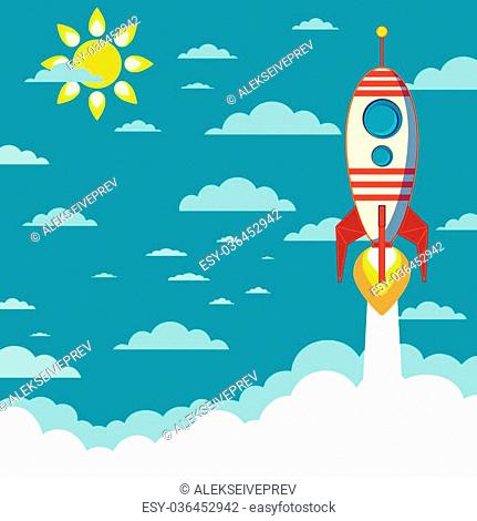 Cartoon Flying Rocket with Illyuminotor and Flames from the Engine with  space for text in the clouds..., Stock Vector, Vector And Low Budget  Royalty Free Image. Pic. ESY-036452942 | agefotostock
