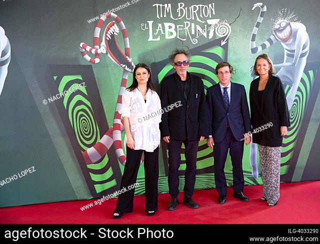 Andrea Levy, director Tim Burton and Mayor of Madrid Jose Luis Martinez-Almeida attends to ""Tim Burton. El Laberinto"" opening exhibition at the Espacio...
