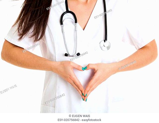 Doctor's hands making heart shape isolated on white background. Female doctor doing a heart with her hands