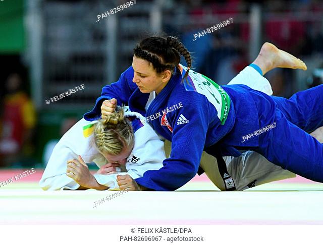Luise Malzahn of Germany (white) in action against Daria Pogorzelec of Poland during the Women -78 kg Elimination Round of 16 of the Judo events during the Rio...