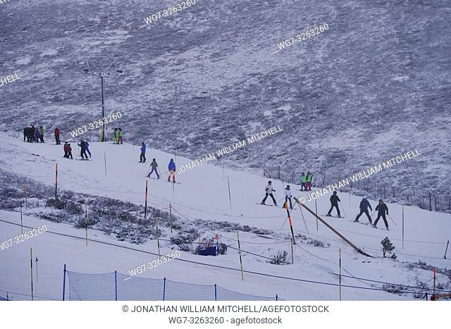 AVIEMORE, SCOTLAND, UK - 17 Jan 2019 - Children practice their skiing skills on part of the ski run at Aviemore Scotland UK after a few inches of snow fell...