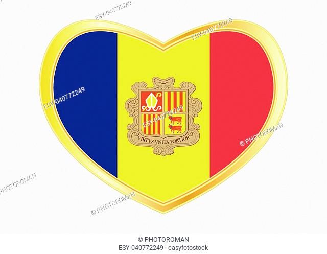 Andorran national official flag. Patriotic symbol, banner, element, background. Correct colors. Flag of Andorra in heart shape isolated on white background
