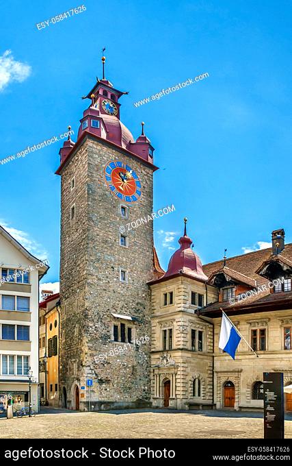 Town Hall clock tower in Lucerne built between 1602 and 1606 by Anton Isenmann in the Italian Renaissance style, Switzerland