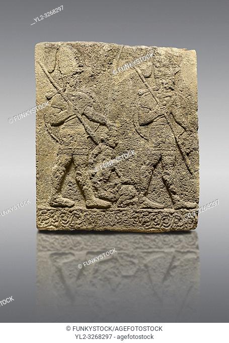 Picture & image of Hittite sculpted Orthostats panel of Long Wall Limestone, KarkamÄ±s, (KargamÄ±s), Carchemish (Karkemish), 900-700 B. C. Soldiers