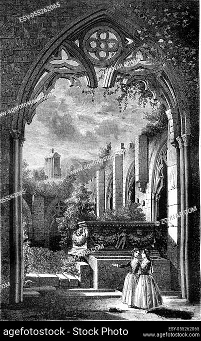 View taken in the cloister of the abbey of Peace, Cyprus, vintage engraved illustration. Magasin Pittoresque 1847