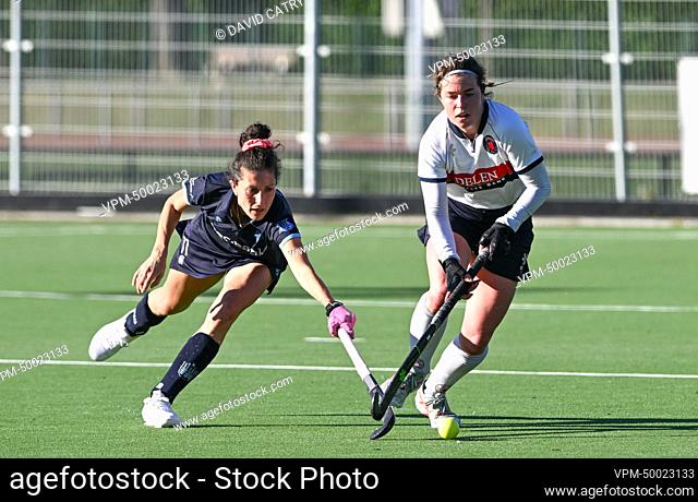Oree's Jasbeer Singh and Dragons' Laura Barden pictured in action during a hockey game between Dragons KHC and Waterloo Ducks HC