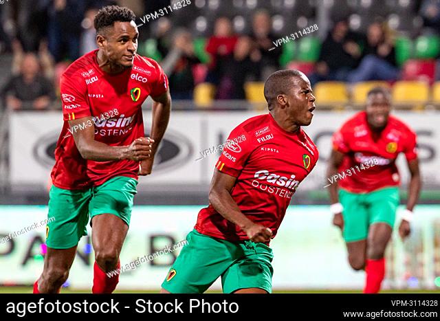 Oostende's Alfons Amade celebrates after scoring during a soccer match between KV Oostende and Cercle Brugge, Saturday 16 October 2021 in Oostende