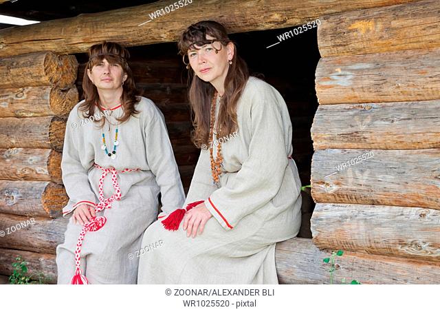 Two white women in Russian folk clothes
