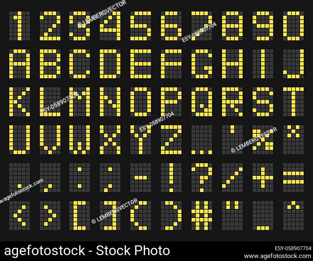 Timetable green alphabet template. Led display uppercase letters, lectronic board, numbers and symbols. Vector digital font