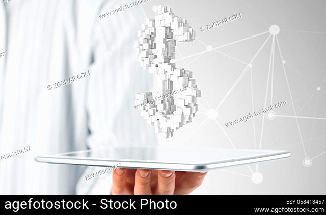Hand of businessman showing tablet pc with dollar currency sign