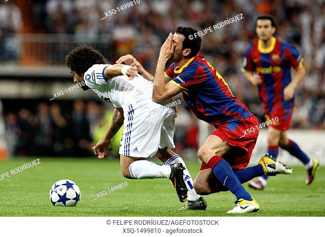Marcelo committing foul on Busquets, UEFA Champions League Semifinals game between Real Madrid and FC Barcelona, Bernabeu Stadiumn, Madrid, Spain