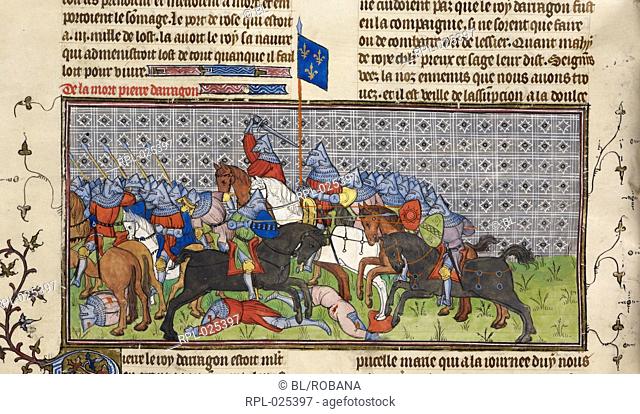 Death of King of Aragon, Miniature and text The defeat and fatal wounding of King Peter III of Aragon. Text beginning with decorated initial 'P' Image taken...