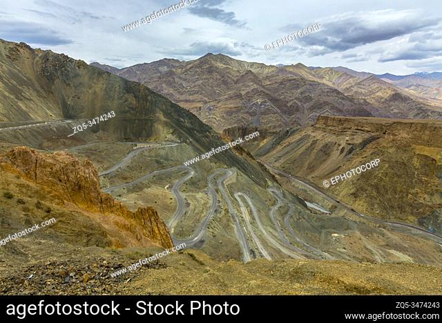 Top view of winding road to Lamayuru, Ladakh, India