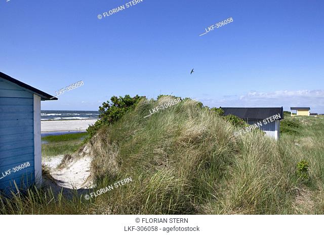 little beach huts at Skanoer beach, Skanoer, Skane, South Sweden, Sweden