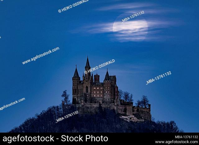 Moon, moonrise, Hohenzollern Castle, Swabian Alb, Baden-Wuerttemberg, Germany, Europe