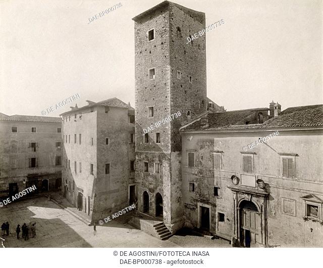 Emiliano forum and the Civic tower, Terracina, Lazio, Italy, photograph from Istituto Italiano d'Arti Grafiche, Bergamo, 1911-1912