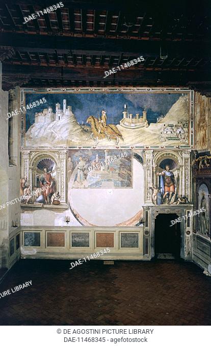 Great Council Hall (Sala del Mappamondo), fresco on the west wall shows markings of the lost world map by Ambrogio Lorenzetti, Palazzo Pubblico, Siena, Tuscany