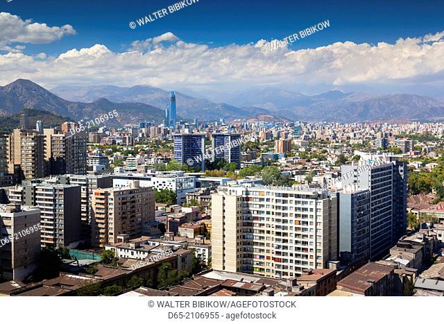 Chile, Santiago, elevated city view towards the Gran Torre Santiago tower