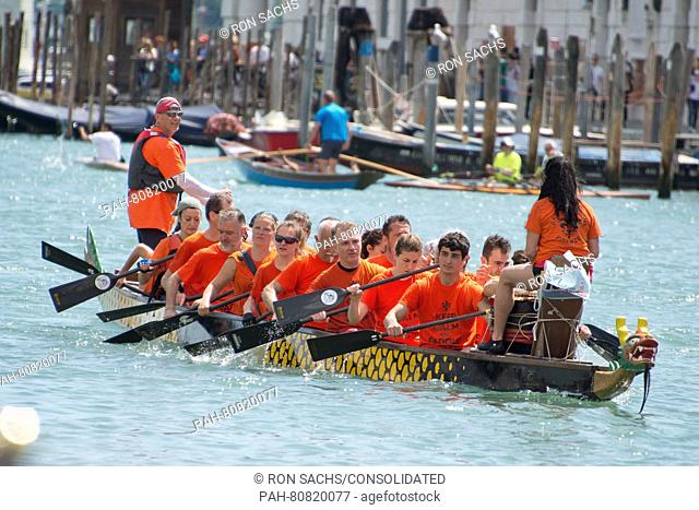 Rowers from many countries participate in the 42nd Vogalonga regatta on the Grand Canal near the the Basilica della Salute in Venice, Italy on Sunday, May 15