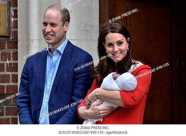 LONDON, April 23, 2018 Prince William (L), Duke of Cambridge, and his wife Catherine, Duchess of Cambridge, present their newborn son outside St