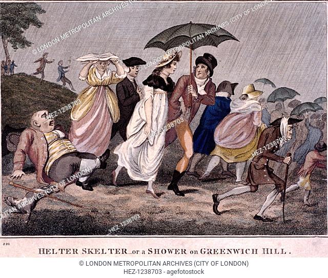 'Helter Skelter - or a shower on Greenwich Hill', 1798; showing holiday-makers hurrying down Greenwich Hill in a heavy rainstorm