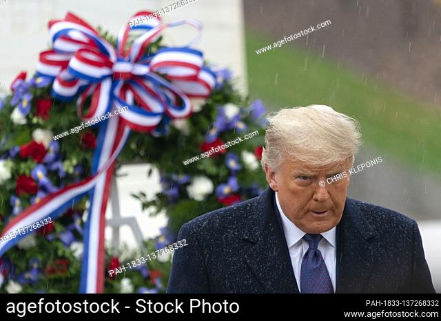 United States President Donald J. Trump and First lady Melania Trump participate in a National Veterans Day Observance at Arlington National Cemetery in...