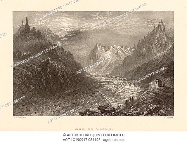 Mer de Glace. (Chamouni), View of Montanvert and the glacier Mer de Glace, signed: W. H. Bartlett, S. Fisher, plate 8, to p. 19 (vol
