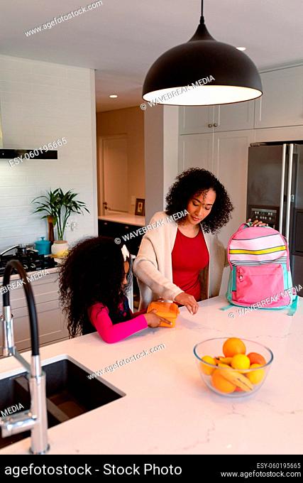 Happy african american mother and daughter preparing lunchbox for school