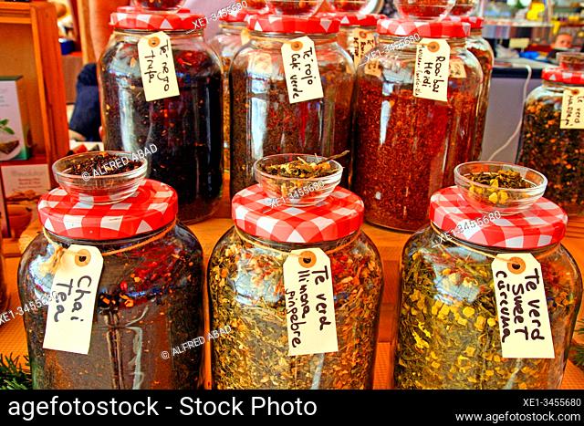 bulk tea jars, All Those Food Market 2019, Barcelona, ??Catalonia, Spain