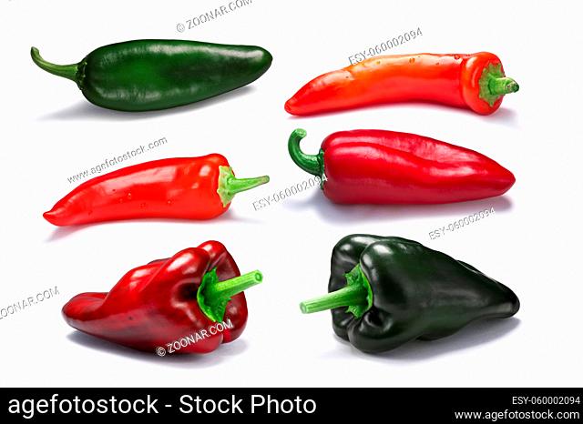 Hot and mild chile pepper fruits (Capsicums), whole pods. Clipping paths for each pepper, shadows separated