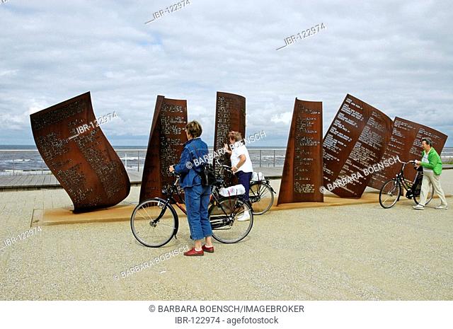 Women with bicycles, memorial for the ones lost at sea, Katwijk aan Zee, South Holland, Holland, The Netherlands