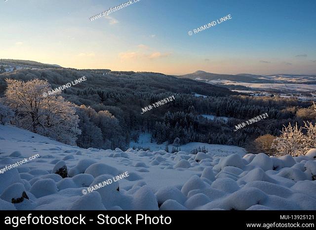 Basalt block sea, snow, low mountain range, evening, sunset, winter, Schafstein, Gersfeld, Rhön, Hesse, Germany
