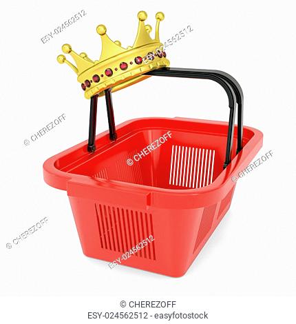Crown on the shopping basket. Isolated render on a white background