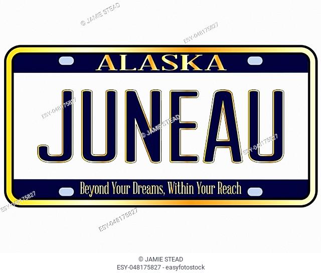Alaska state license plate in the colors of the state flag with the text Juneau the state capital over a white background