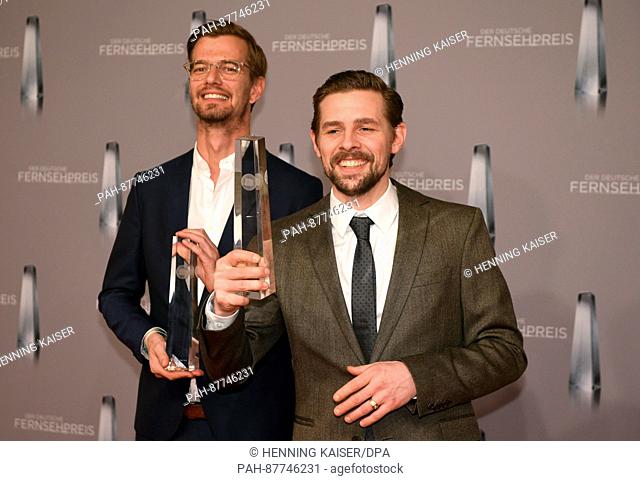 Prize winners in the 'Best Primetime Entertainment', Joko Winterscheidt (l) and Klaas Heufer-Umlauf, at the German Television Prize award ceremony 2017 in...