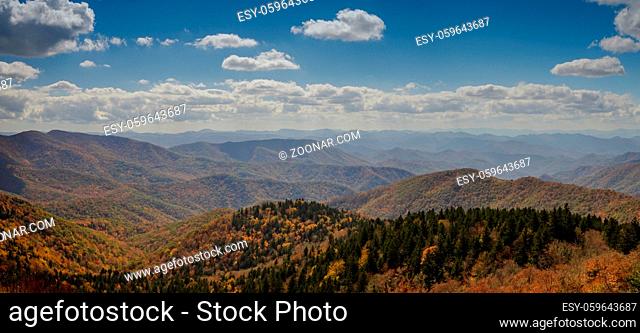 Blue Ridge mountains in late autumn color panorama landscape on the Blue Ridge Parkway in North Carolina