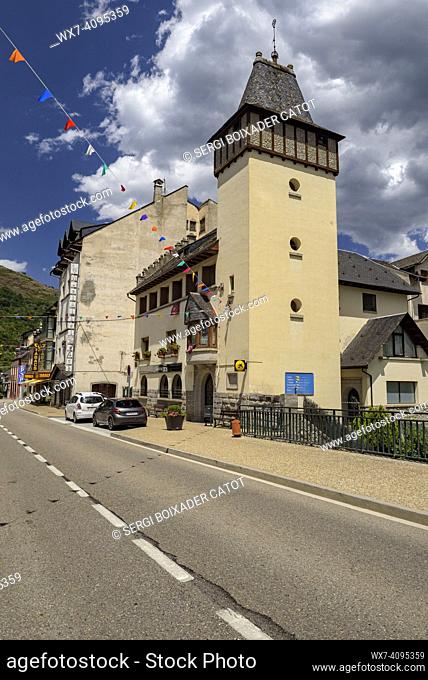 Village of Les decorated for the festival of Sant Joan due to the summer solstice (Aran Valley, Lleida, Catalonia, Spain, Pyrenees)