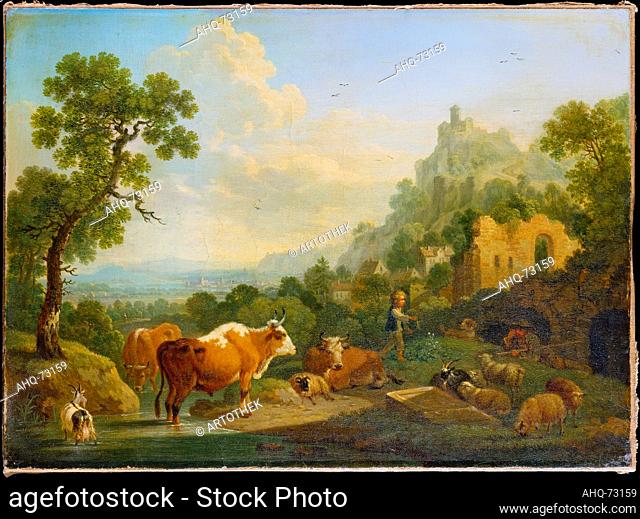 Künstler: Hirt, Friedrich Wilhelm, 1721-1772 Titel: Landschaft mit Herde an einem Bach, 1768 Technik: Öl auf Leinwand Maße: 37, 6 x 51