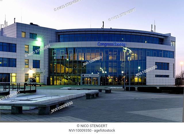 Messe Erfurt Congress Center, exhibition grounds, at dusk, Erfurt, Thuringia, Germany, Europe