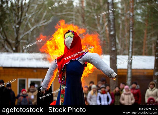 Belarus, the city of Gomil, February 25, 2017. Maslenitsa Festival.Traditional burning of stuffed of Shrovetide during the Shrovetide festivities