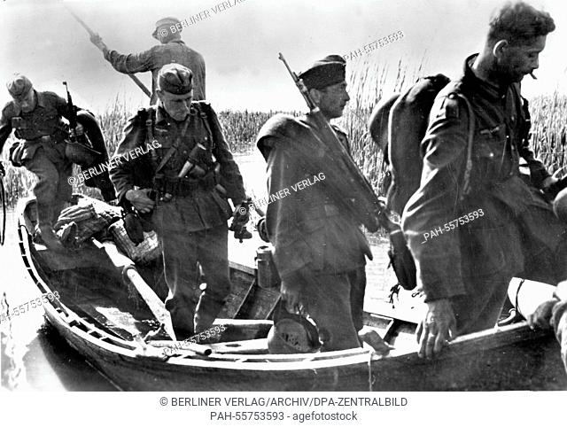 The Nazi propaganda picture shows members of the German Wehrmacht in lagoons in the Kuban bridgehead on the Eastern Front