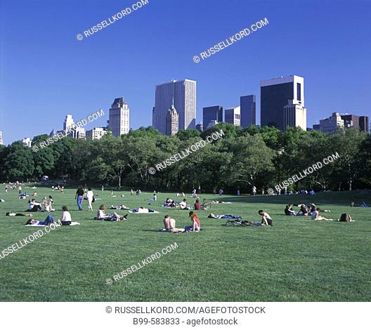 Mid-town Skyline & Sheep Meadow, Central Park, Manhattan, New York, Usa