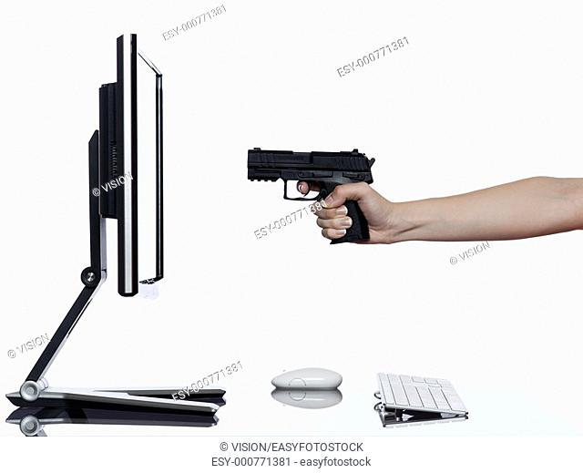 communication between human hand and a computer display monitor on isolated white background expressing failure gun shoot concept