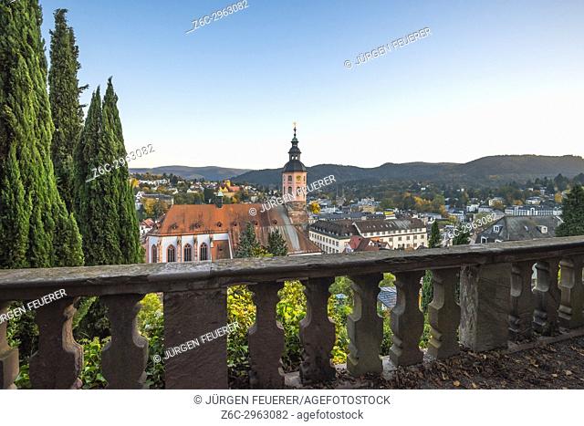 panorama view over the town at the New Castle, spa town Baden-Baden at sunset, Germany