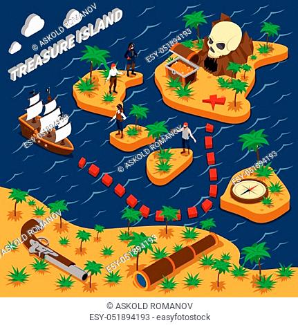 Treasure island isometric composition with sailing ship pirates trunk with golden coins compass handgun vector illustration