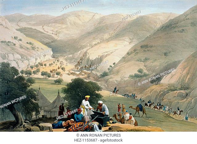 Encampment of the 1st Bengal European Regiment, First Anglo-Afghan War 1838-1842. A long column of soldiers and artillery strung out over distant mountain...