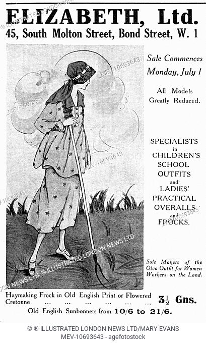 Advertisement for Elizabeth Ltd of South Molton Street, London featuring an illustration of a picturesque old English floral smock - just the thing to wear...