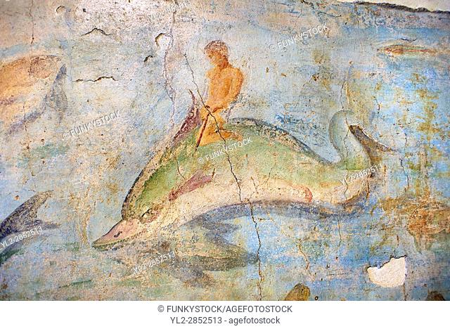 Roman Fresco with a boat decorated for a festival and marine life from the second quarter of the first century AD. (mosaico fauna marina da porto fluviale di...