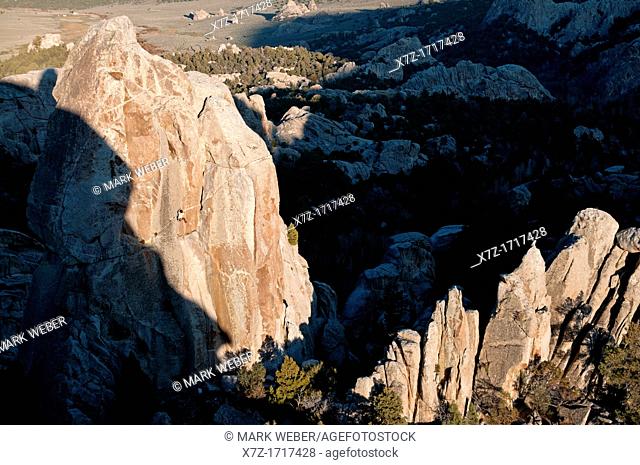 Rock climbing a route called Strategic Defense which is rated 5, 11 and located on Morning Glory Spire at The City Of Rocks National Reserve near the town of...
